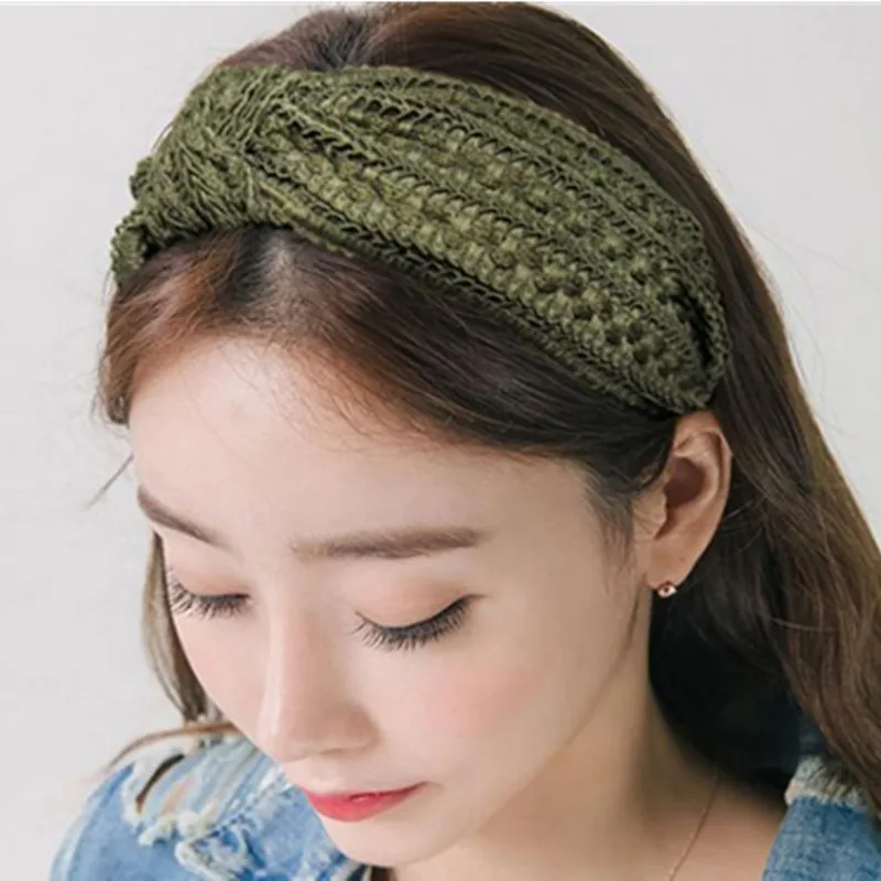 New Handmade Wide Weaving Headband for Women Fashion Headwear Adults Cotton Wool Hairband Knot Solid Crochet Head Band Bow
