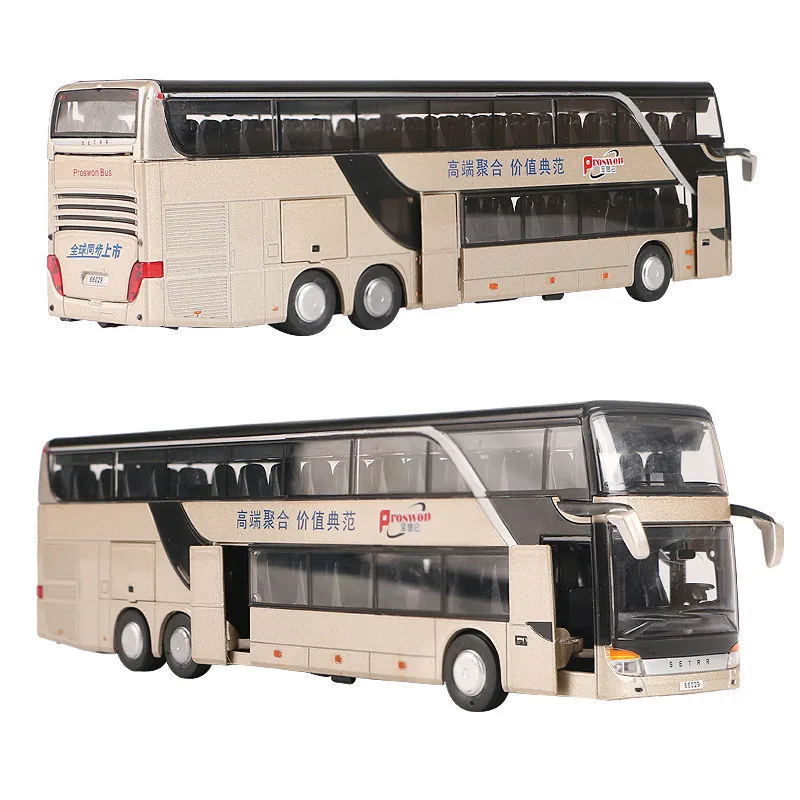 Autocarro de dois andares modelo de simulação, venda quente 1:50 modelo liga ônibus de viagem, som e luz puxar para trás brinquedos das crianças, frete grátis