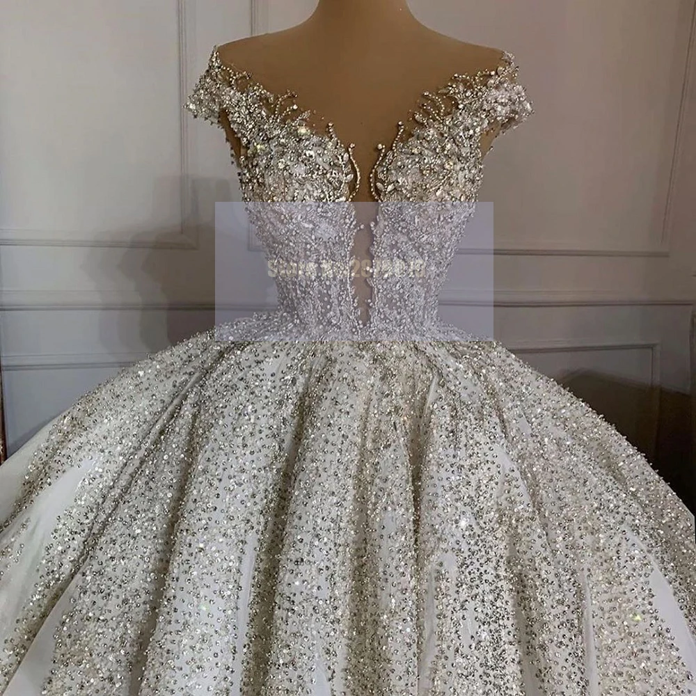 African Luxury Sparkly Wedding Dresses Sequined Beaded Crystal Ball Gown Floor-Length Vintage Wedding Bridal Gowns Dubai