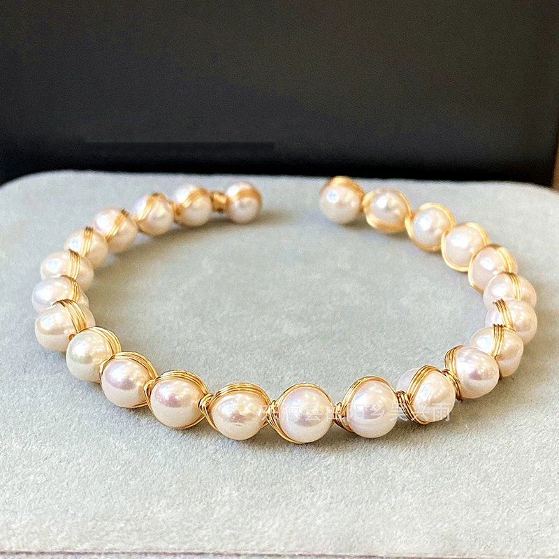 Vintage Graceful Süßwasser Natürliche Perlen Geometrische Manschette Armband Handgemachte Kupfer