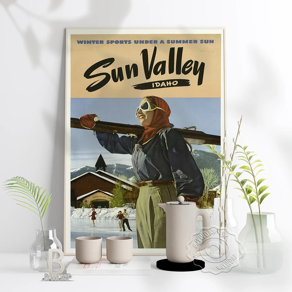 Sun Valley Idaho Ski Poster, Winter Sports Under A Summer Sun Still Life Art Prints, World Usa Travel Vintage Home Wall Decor