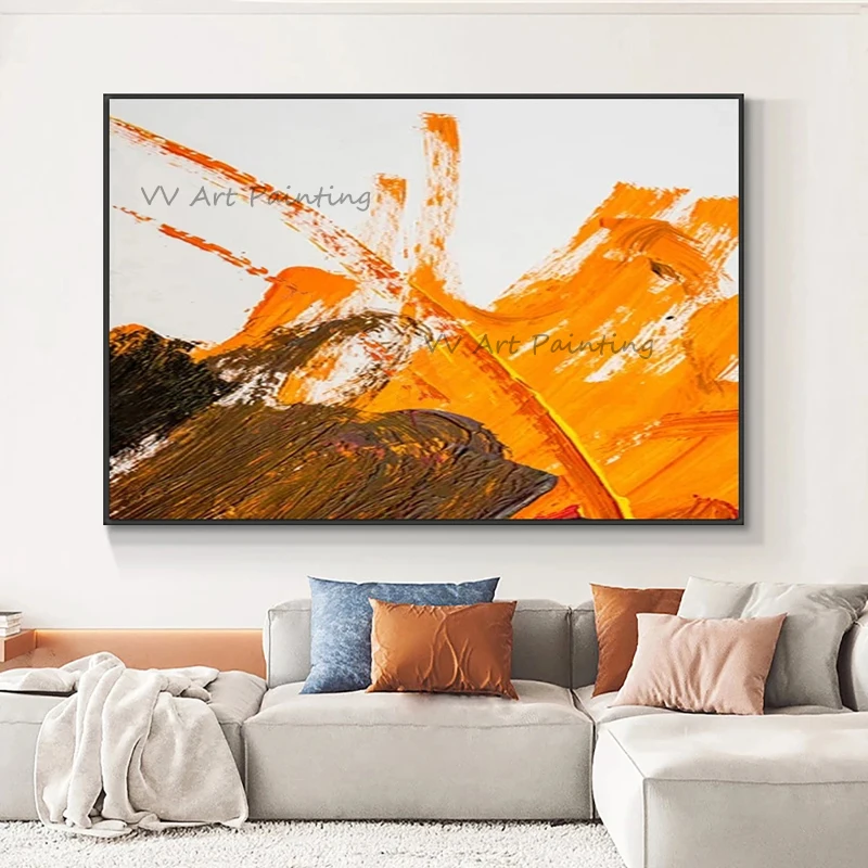 Trendy Hand Painted Orange Textured Oil Painting Artwork Modern Oversize Picture Abstract Extra Large Wall Decor for Living Room