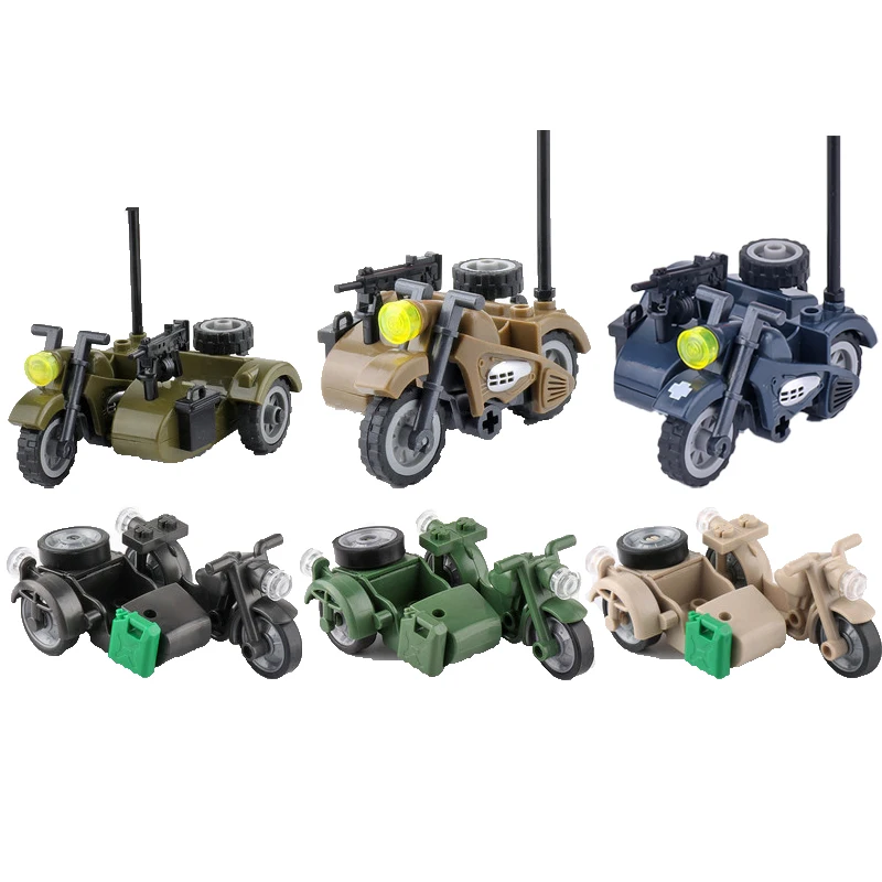 WW2 Military Three-wheeled Motorcycle Building Block Soldier Figure Traffic Vehicle Car Educational Toy Model Bricks Parts C306