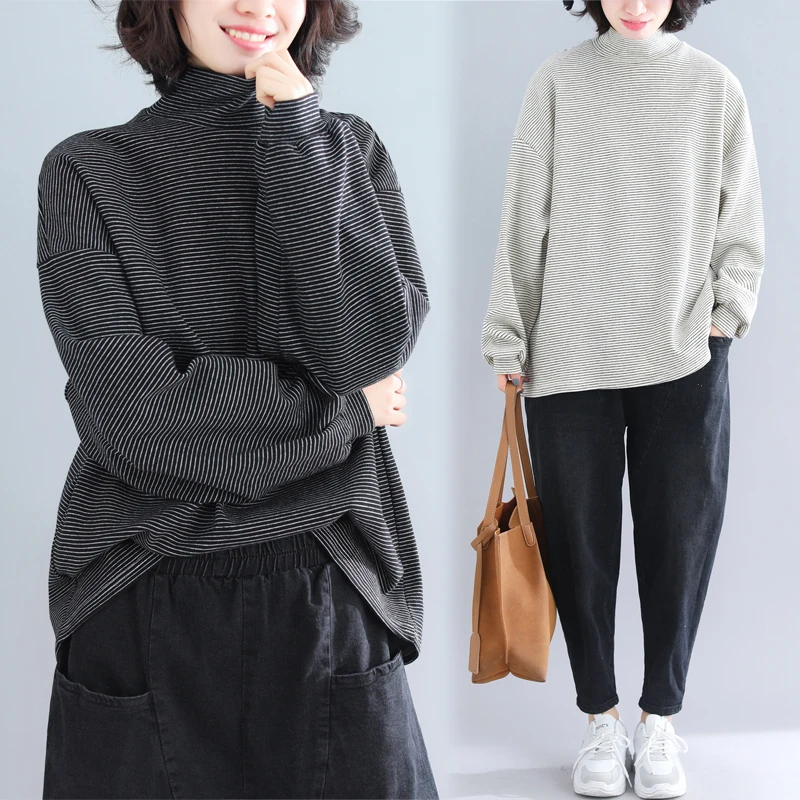 

Autumn New Women Turtleneck Sweatshirt Fashion Korean Style Classic Striped All-Match Loose Lantern Sleeve Casual Female Clothes