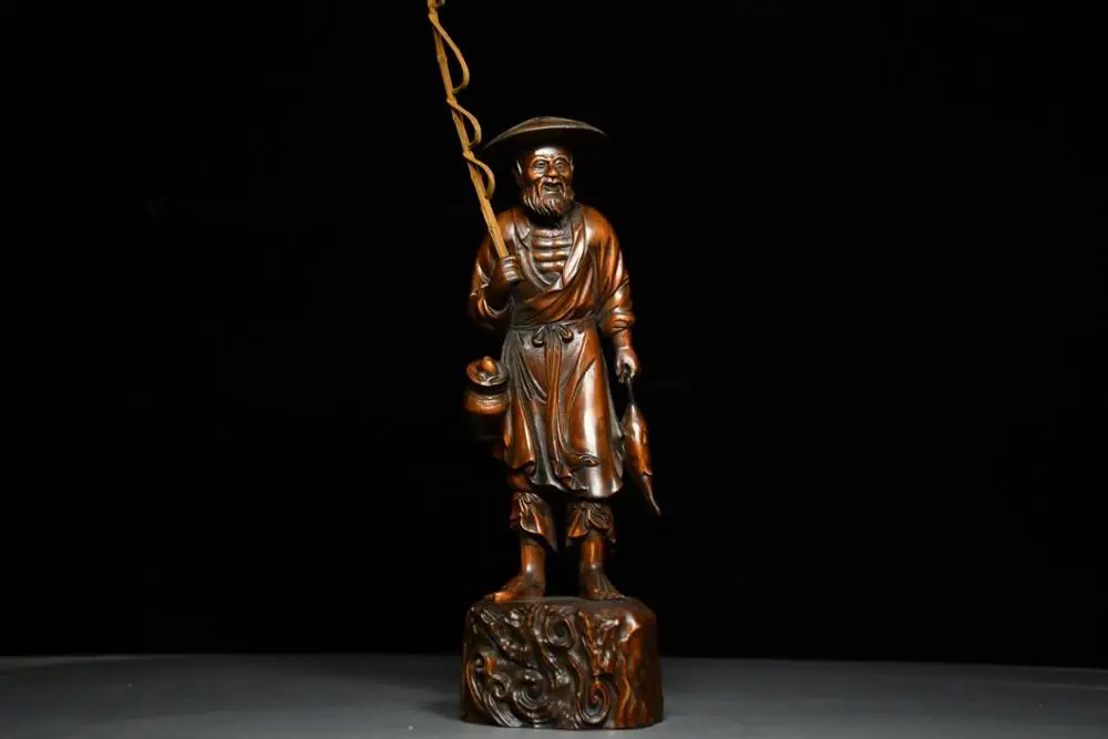 

9"Tibetan Temple Collection Old Boxwood Fisherman statue Old man fishing wood carving Implication More than every year