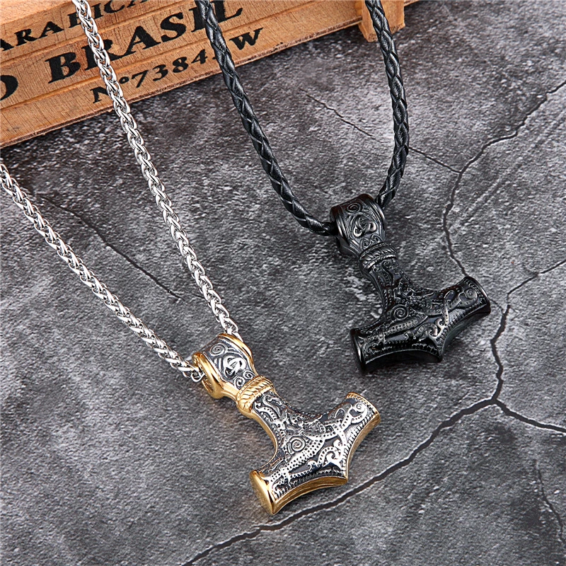 Punk Edelstahl Nordische Wikinger Amulett Anhänger Kette Odins Goldfarbener Thors Hammer Halsketten Herren Ethno-Schmuck Geschenke – Detail 7