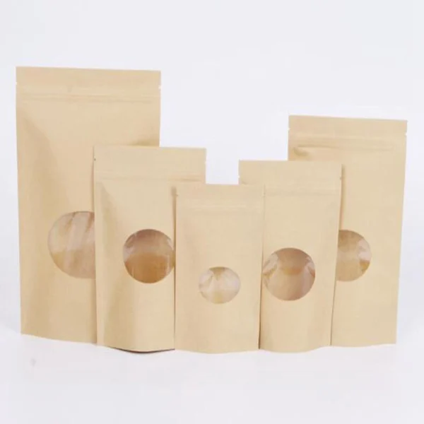 

500pcs Zip Lock Standing Kraft Paper Bags with Round Window Kraft Pack Storage Dried Food Fruits Tea Electronic Product