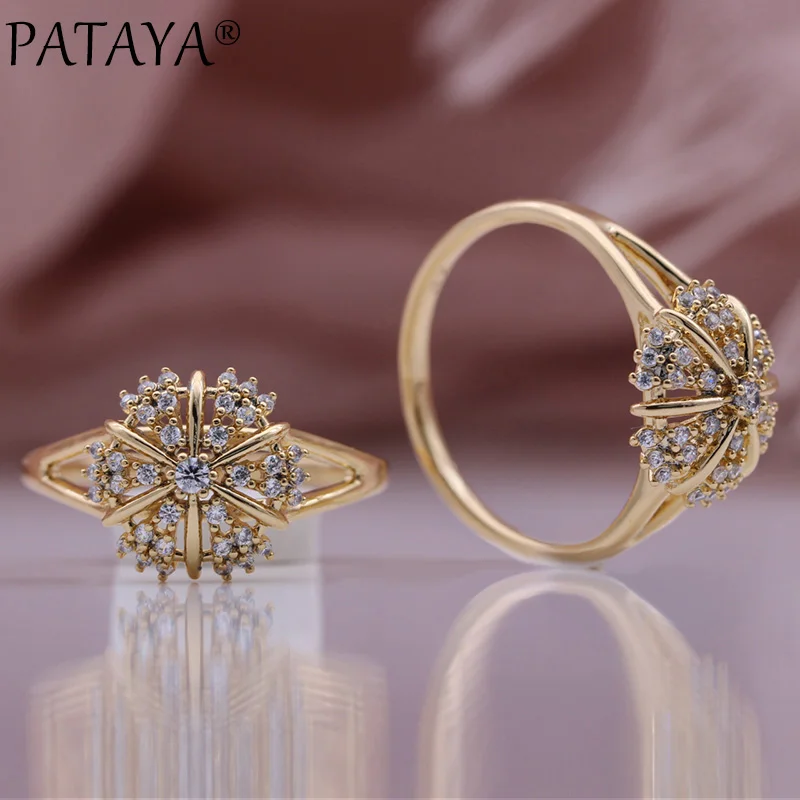 PATAYA New 585 Rose Gold Color Wedding Hollow Rings Natural Zircon Umbrella Rings Women Lovely Round Unusual Fashion Jewelry