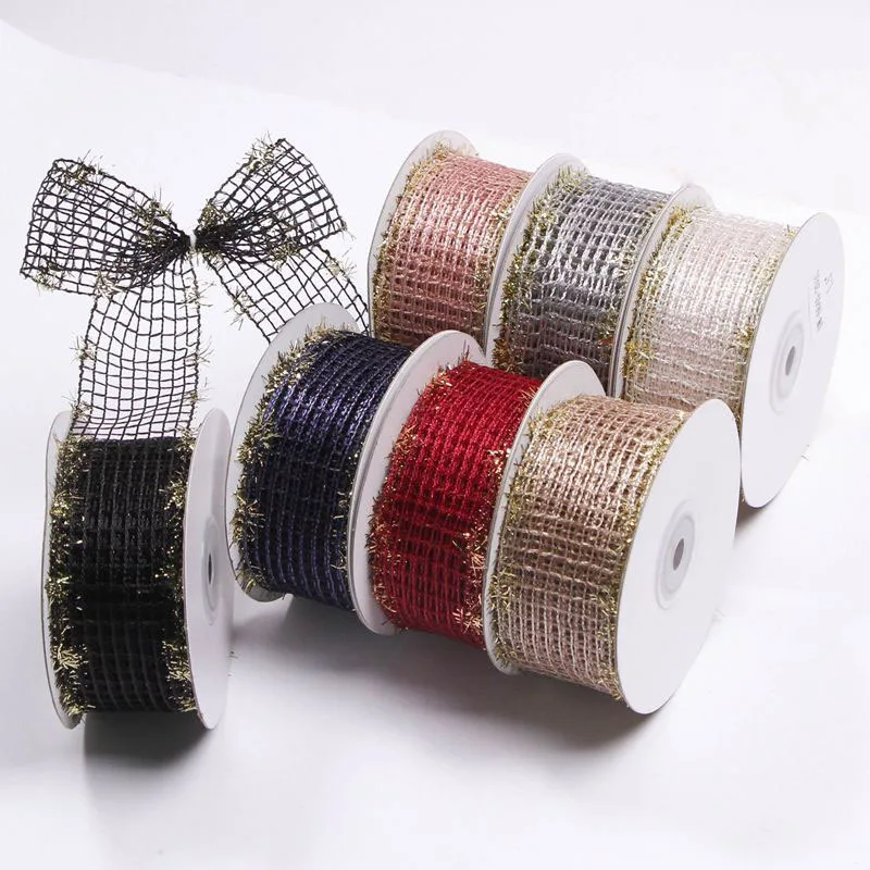 Gold Christmas Ribbon 38mm Fringed Hollow Net Tape 100Yards DIY Crafts Gift Flower Packaging Bow Tie Accessories Home Decoration