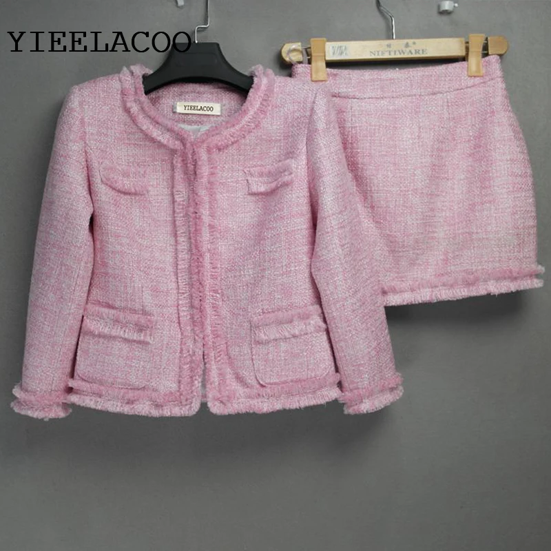 

Pink tweed jacket + skirt suit Elegant spring / autumn /autumn new women's jacket office ladies aristocratic nap skirt suit