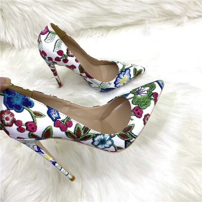 Heelgoo Floral Print Women Pointy Toe 8-12cm High Heel Chic Party Shoes Ladies Sexy Designer Stiletto Pumps Large Size 43 44 45