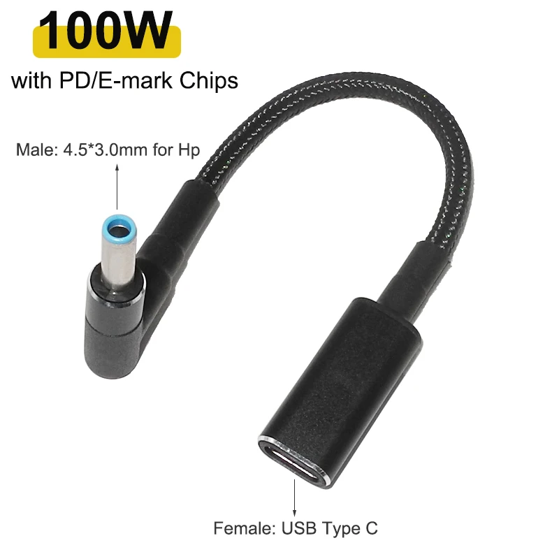 Type C to 4.5x3.0mm Plug Converter 100W USB C PD Fast Charging Cable for HP Dell Laptop Charger Adapter Connector Cable Cord