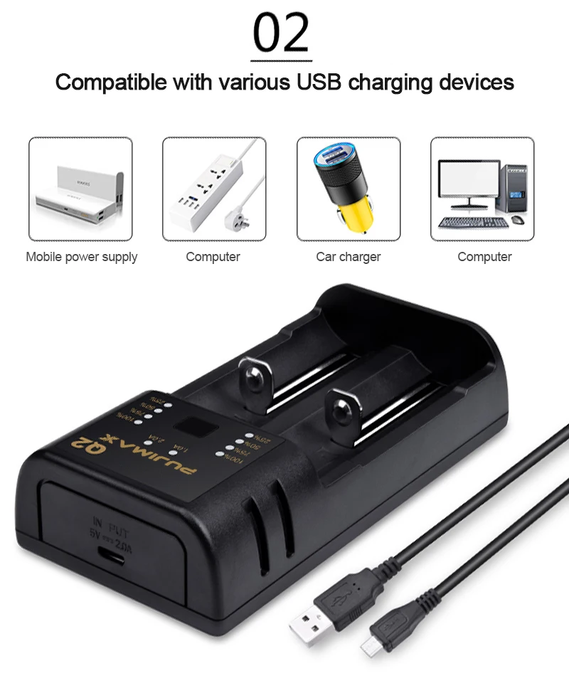 PUJIMAX 2slots Li-ion/Lithium Battery Charger with LED Smart Indicator USB Cable For 18650 14400 26650 1.2V AA/AAA NiMH Chargers