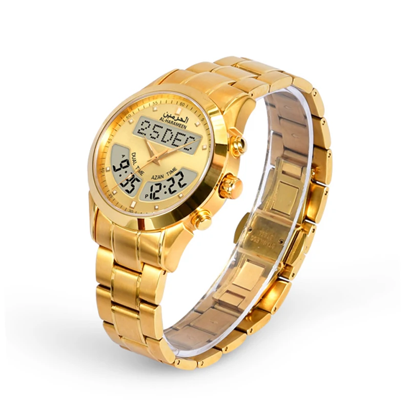 Gold Watch Alarm Ramadan Gift for Muslim With ALFAJR SHRQ ALZUHR ALASR MAGRIB ALISHA Azan Time Stainless Steel Water Resistant