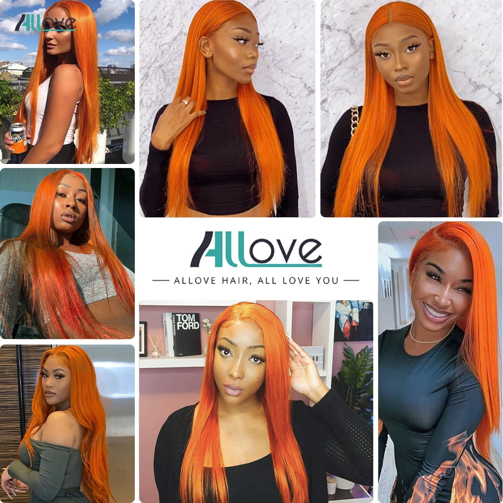 Allove Ginger Bundles With Closure Brazilian Straight Human Hair Bundles Orange Colored 3 Bundles Human Hair With 4x4 Closure