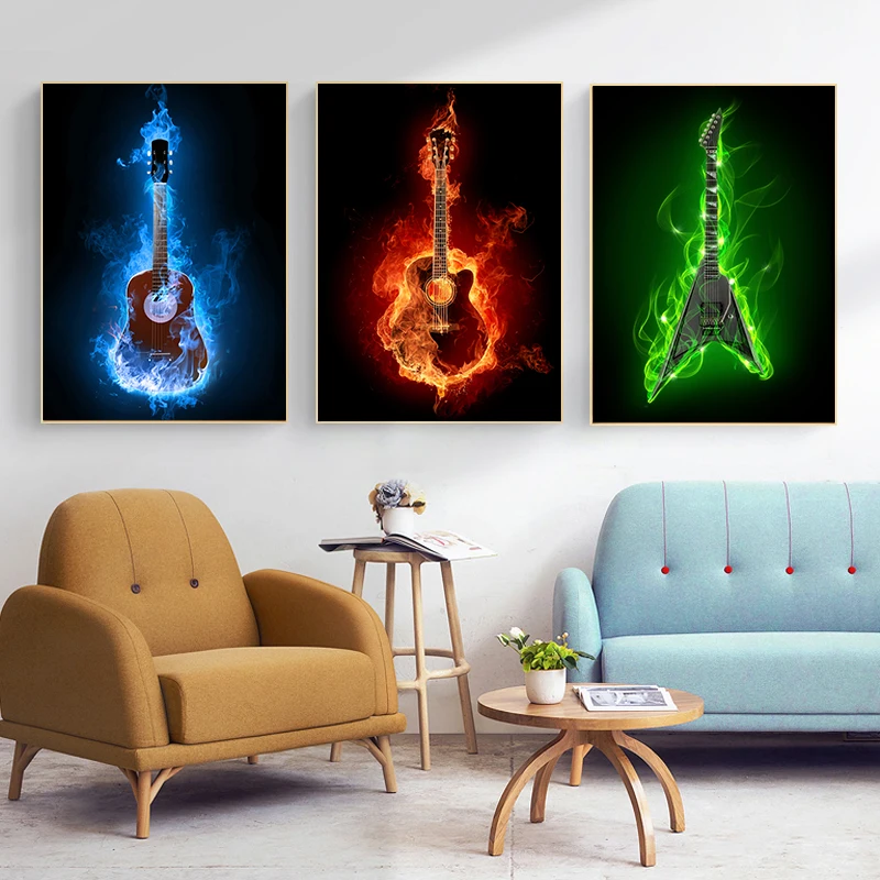 Canvas Painting Nordic Musical Instruments Fire Burning Electric Guitar Abstract Wall Art Posters And Prints Modern Home Decor