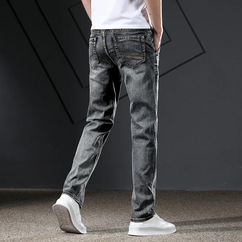 Men\'s Jeans Trousers Straight Cut Spring and Summer Stretch Men Denim Pants Streetwear Zipper Pockets Business Casual Quality