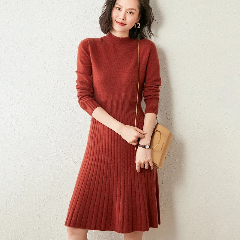 Women\'s Goat Cashmere Knitting Dress, 100% Pure, Winter, New Fashion, Top Grade, 6Colors, Oneck, Women Dress, Hot Sale