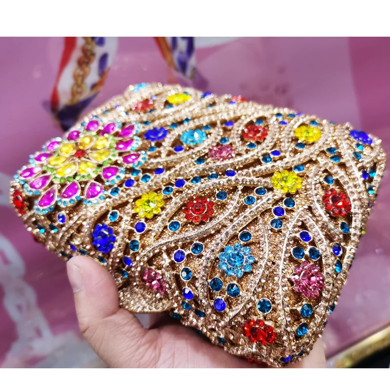 Luxury Evening Bags Multi Color Crystal Party Shoulder Bags Chain Metal Box Clutch Bags Prom Wedding Purse Wristlets Handbags