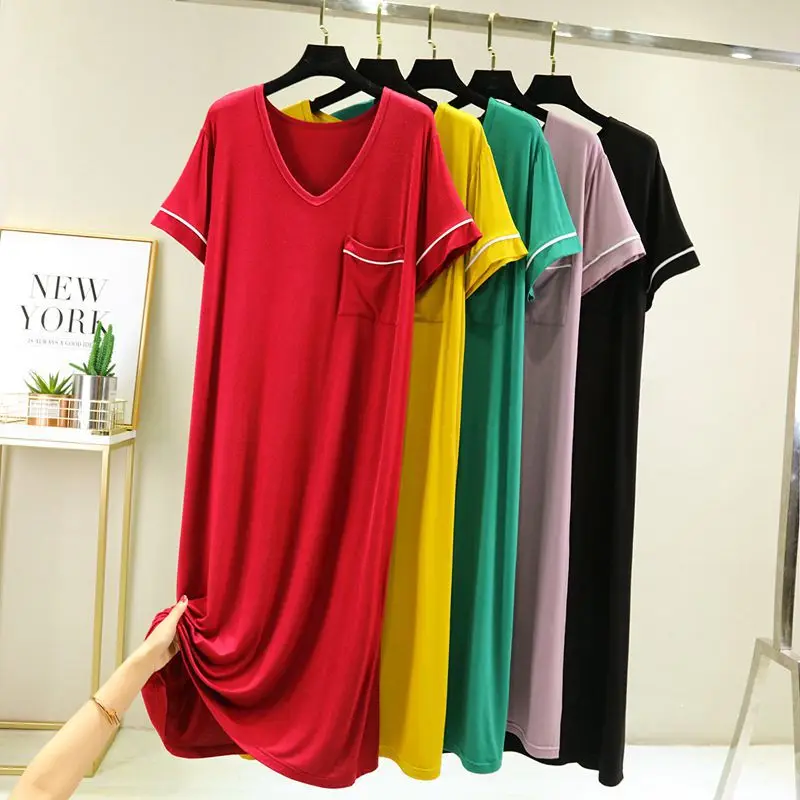 Women Summer Long Nightdress Loose Loungewear Bottoming Night Shirt Pocket Contrast Dress New Short Sleeve Modal Nightgowns