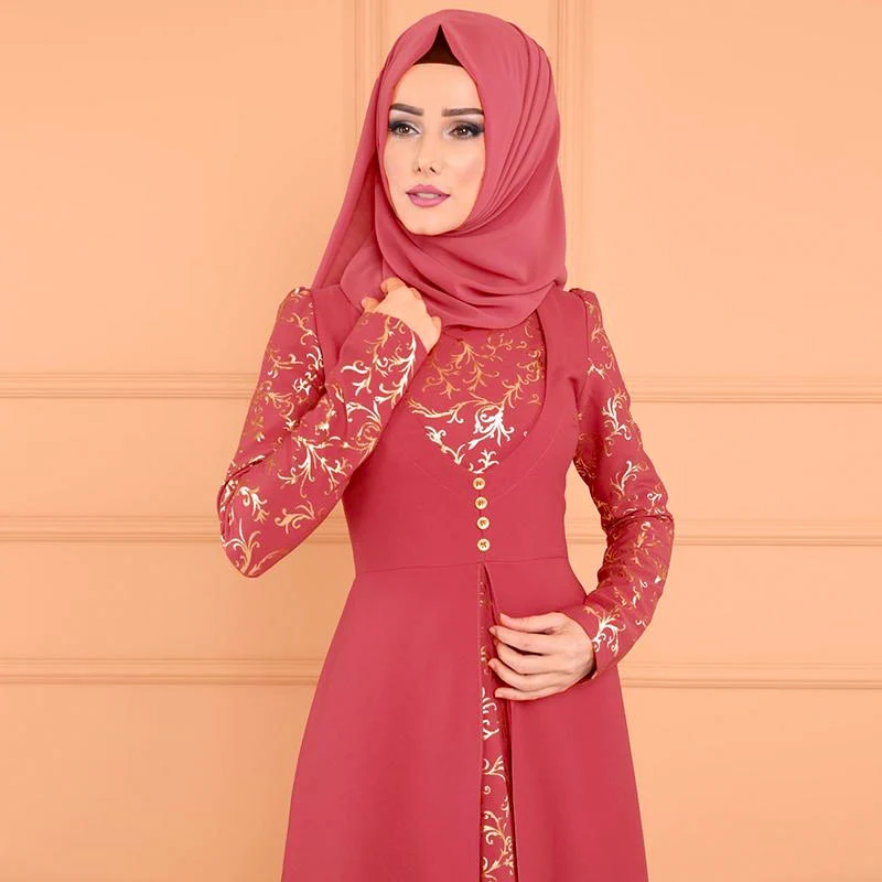

2022 Fashion Abayas for Women Summer New Long Sleeve Golden Stripes Print Elegant Dress Dubai Abaya Turkey Islam Muslim Dress
