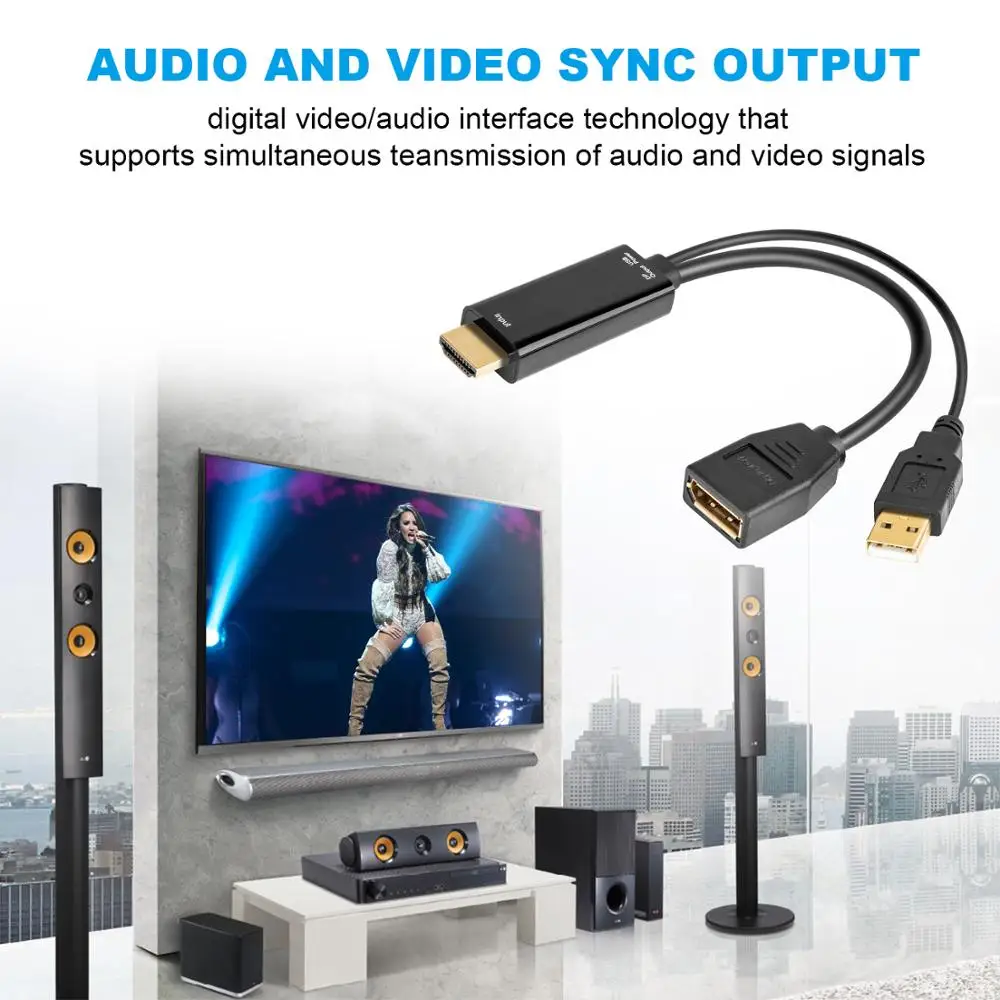 HDMI Male Extensions 3840x2160 UHD 4K to DisplayPort Female Adapter 15cm Cable with USB2.0 Power for HDMI PC DP Display
