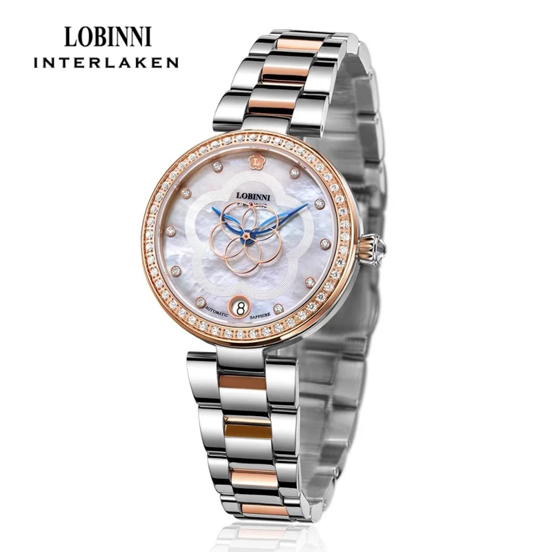 LOBINNI السيدات الساعات الميكانيكية التلقائية الذاتي الرياح شفافة موضة الياقوت ساعة اليد الهيكل العظمي المرأة التقويم ساعة