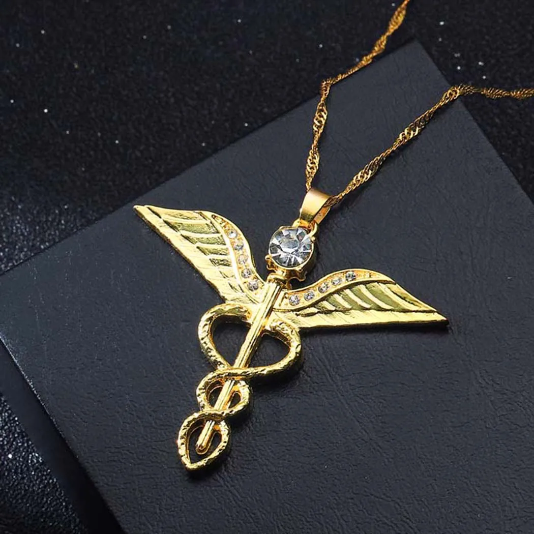 Angel\'s Wings Necklace Women Moissanite Snake Ouroboros Magic Wand Caduceus Emergency Medical Medical Doctor Nurse Jewelry