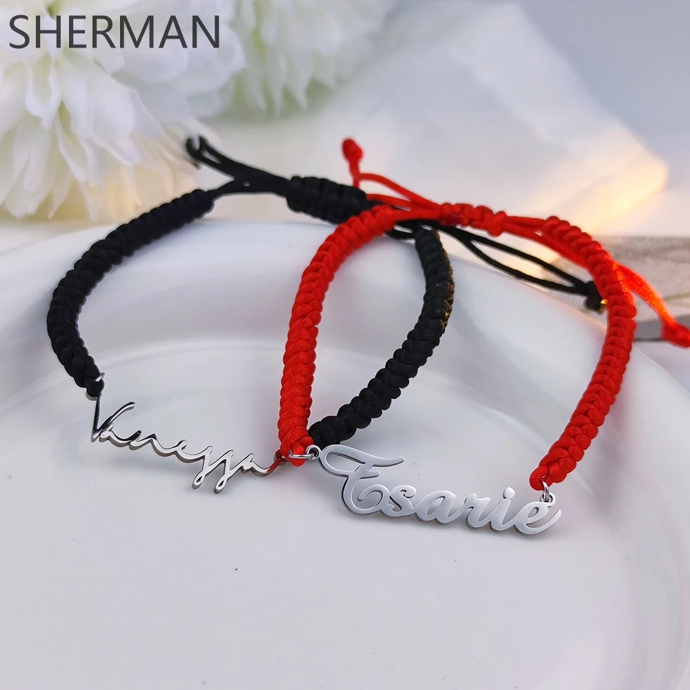 

Персонализированный браслет с именем, черный, веревка, красная веревка, браслет из нержавеющей стали, индивидуальный подарок для пары, Женские Ювелирные изделия