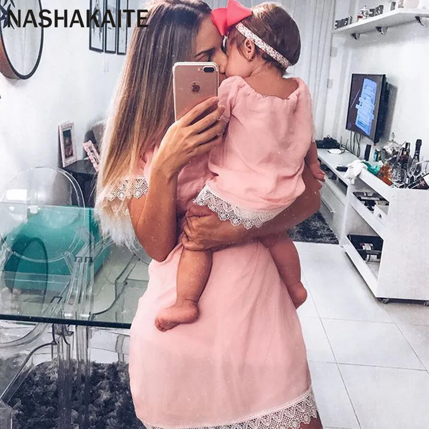 NASHAKAITE Mommy and me clothes Off Shoulder Solid Lace Baby Girl Dress Mom and daughter matching clothes Mom and daughter dress