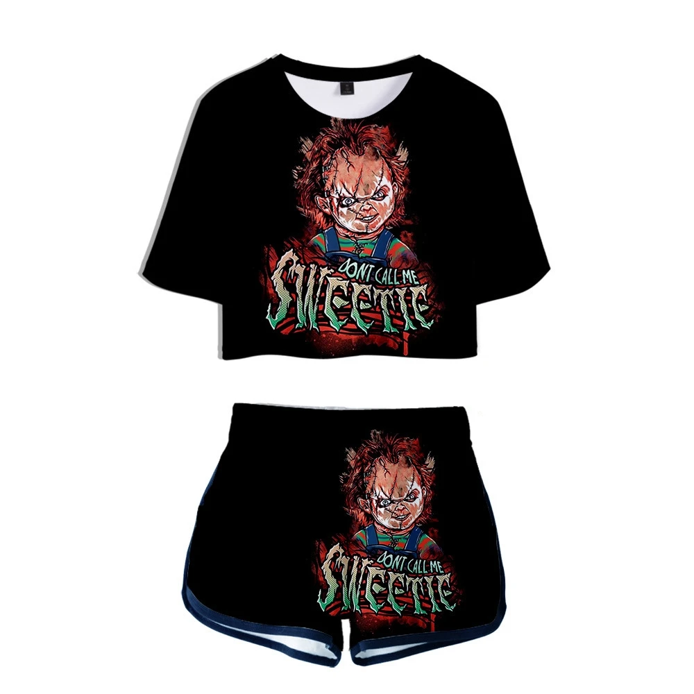 

Horror Movie Seed Of Chucky 3D pop shorts and t-shirts Ghost Doll girls two piece sets Cosplay costume crop top women clothing