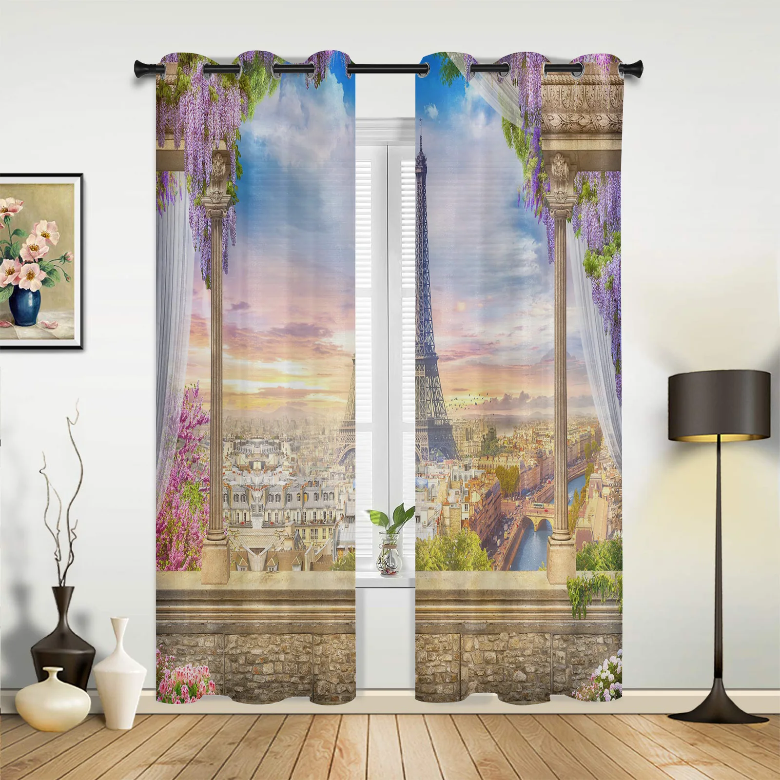 Eiffel Tower Terrace Flower Kitchen Curtain Kids Bedroom Living Room Balcony French Windows Curtain Fabric Pergola Bathroom