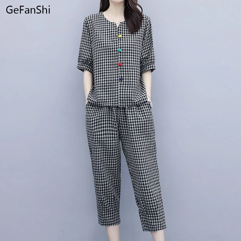 

2023 Summer Women's 2Pcs Plaid V-neck Blouse+Pants Office Lady Two Pieces Set Casual Fashion Tops And Ankle-length Trousers Sets