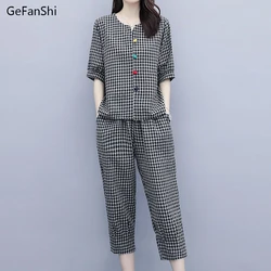 2023 Summer Women's 2Pcs Plaid V-neck Blouse+Pants Office Lady Two Pieces Set Casual Fashion Tops And Ankle-length Trousers Sets