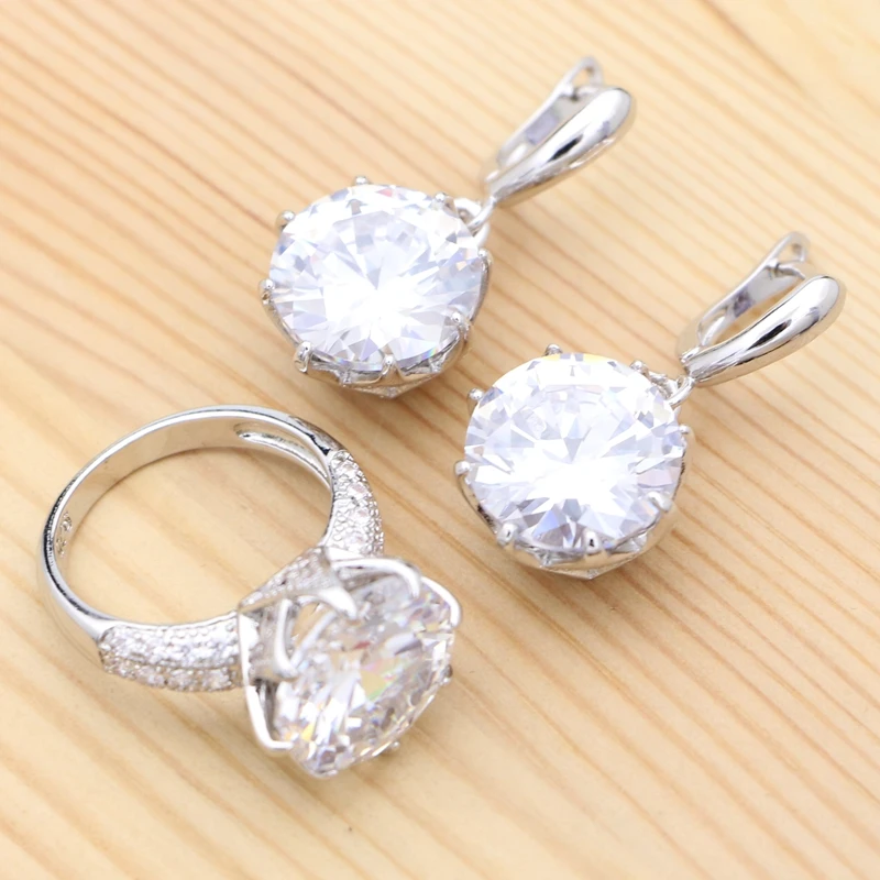 Cubic Zirconia Round Crystal 925 Silver Bridal Jewelry Set for Women Classic Ring Earrings Wedding Jewelry