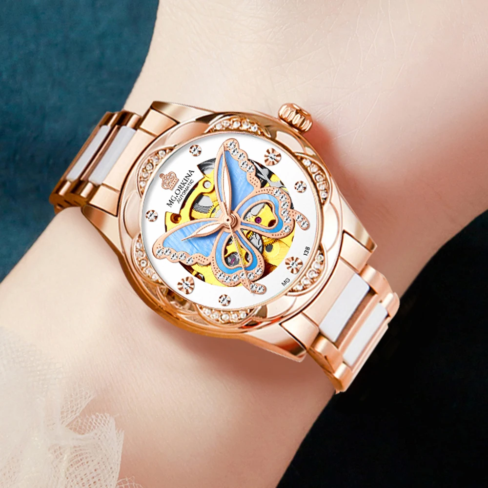 ORKINA Brand New Luxury Women Watches Ceramic Diamond Ladies Butterfly Hollow Automatic Mechanical Wristwatch Relogios Femininos