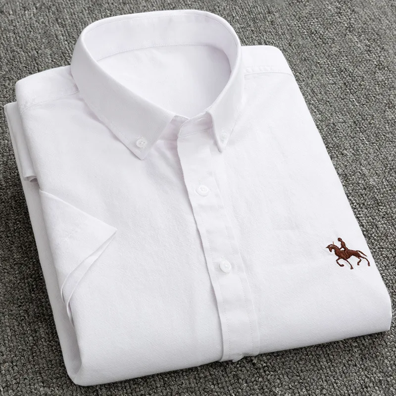 Quality Summer 100% Cotton Oxford Shirt Men\'s Short Sleeve Embroidered Horse Casual Solid Dress Shirts Men Plus Size 5XL 6XL