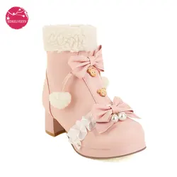 Donna inverno neve calda pelliccia di agnello fodera in peluche stivaletti in pelle PU perla Bowknot Anime Cosplay ragazze Lolita scarpe con plateau