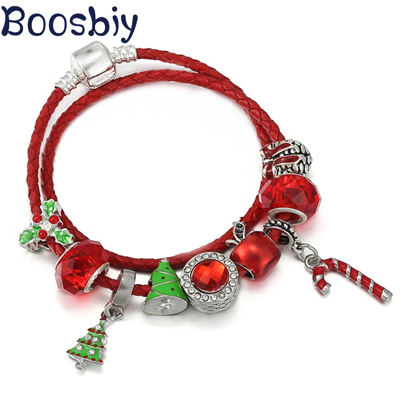 

Christmas Tree & Apple Beads With Scepter Pendants Fit Red Leather Cord Charm Bracelet For Women Christmas Jewelry Gift