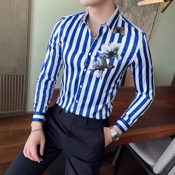 British Style Long Sleeved Striped Printed Shirt Fashion Men New Slim Fit Casual Dress Shirt Streetwear Social Party Blouse Male