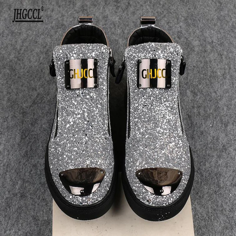 Gold Leather Men Sneakers Punk Casual Shoes Hip Hop Male High Tops Zip Ankle Boots Flats Zapatillas Hombre h20