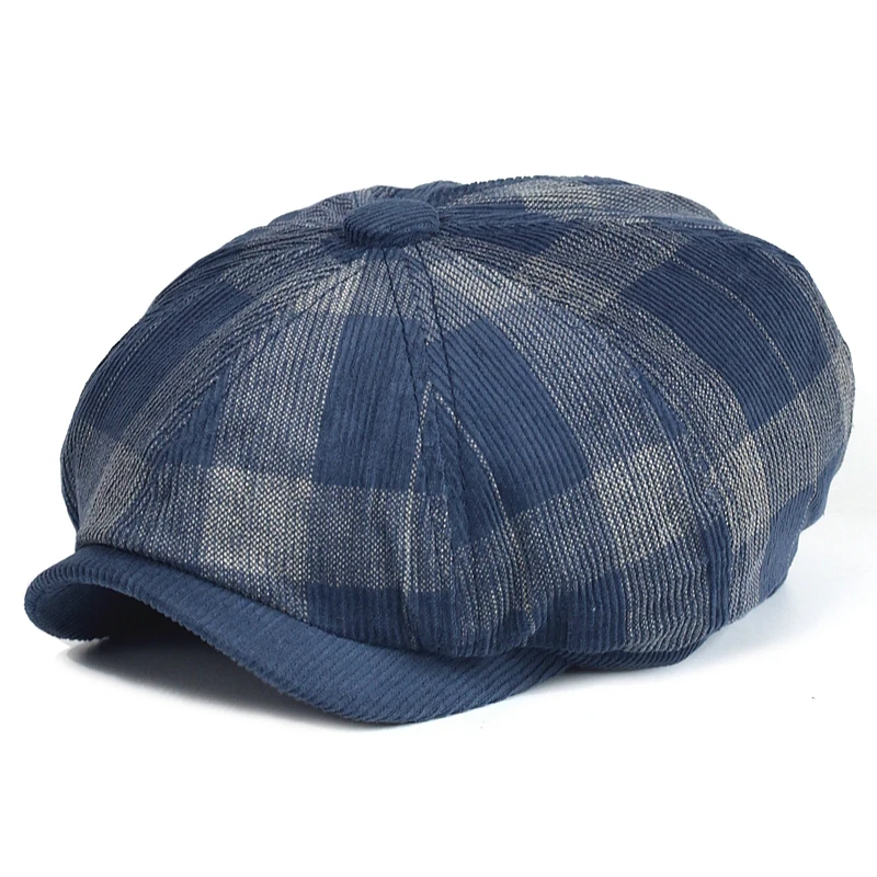 Autumn Winter Plaid Thick Newsboy Hat Corduroy Beret Men Women England Gatsby Retro Hat Driver Flat Cap