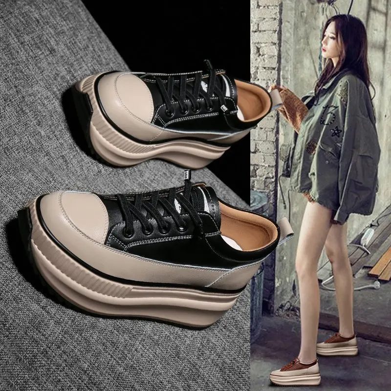 Thick Leather Women's Sports Shoes, 7cm High Vulcanized Casual Women's Shoes, Lace Up, 2023 New Spring and Autumn