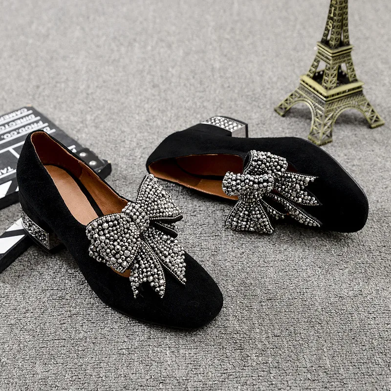 2020 Spring New Women Pumps Shoes Black Suede Rhinestone Bow Ladies Single Shoes Retro Square Head High Heels Runway Shoes Women