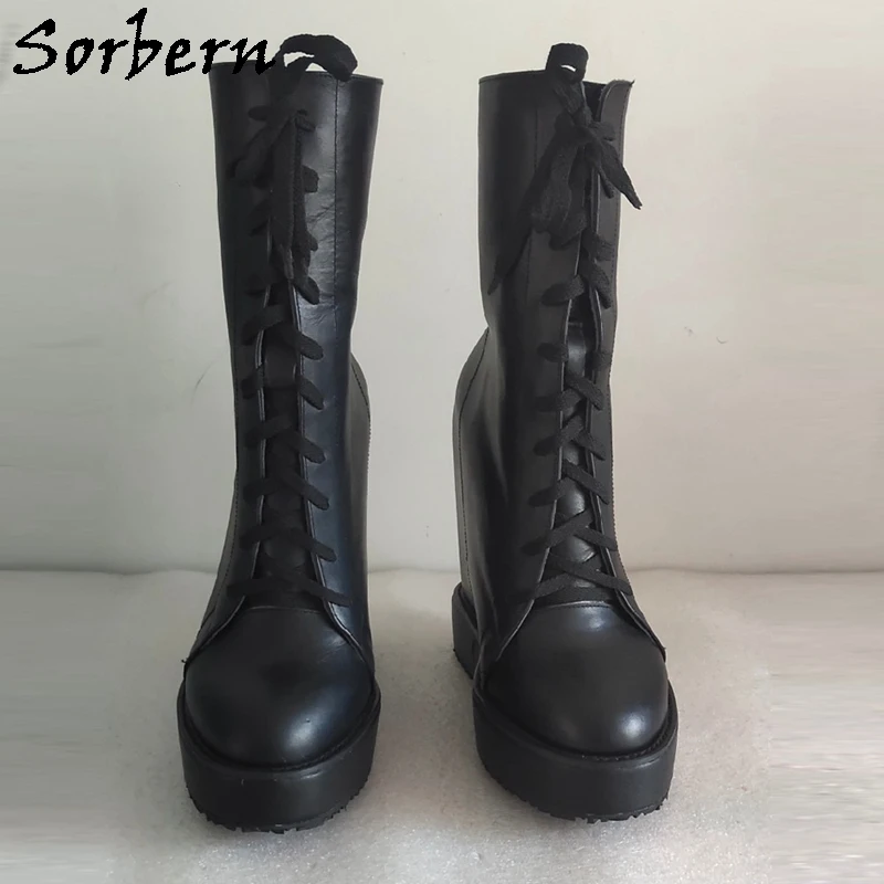 Sorbern黒牛本革ブーツの女性のウェッジ高ヒールスニーカープラットフォーム15センチメートルプラスサイズEu42足首ブーツ