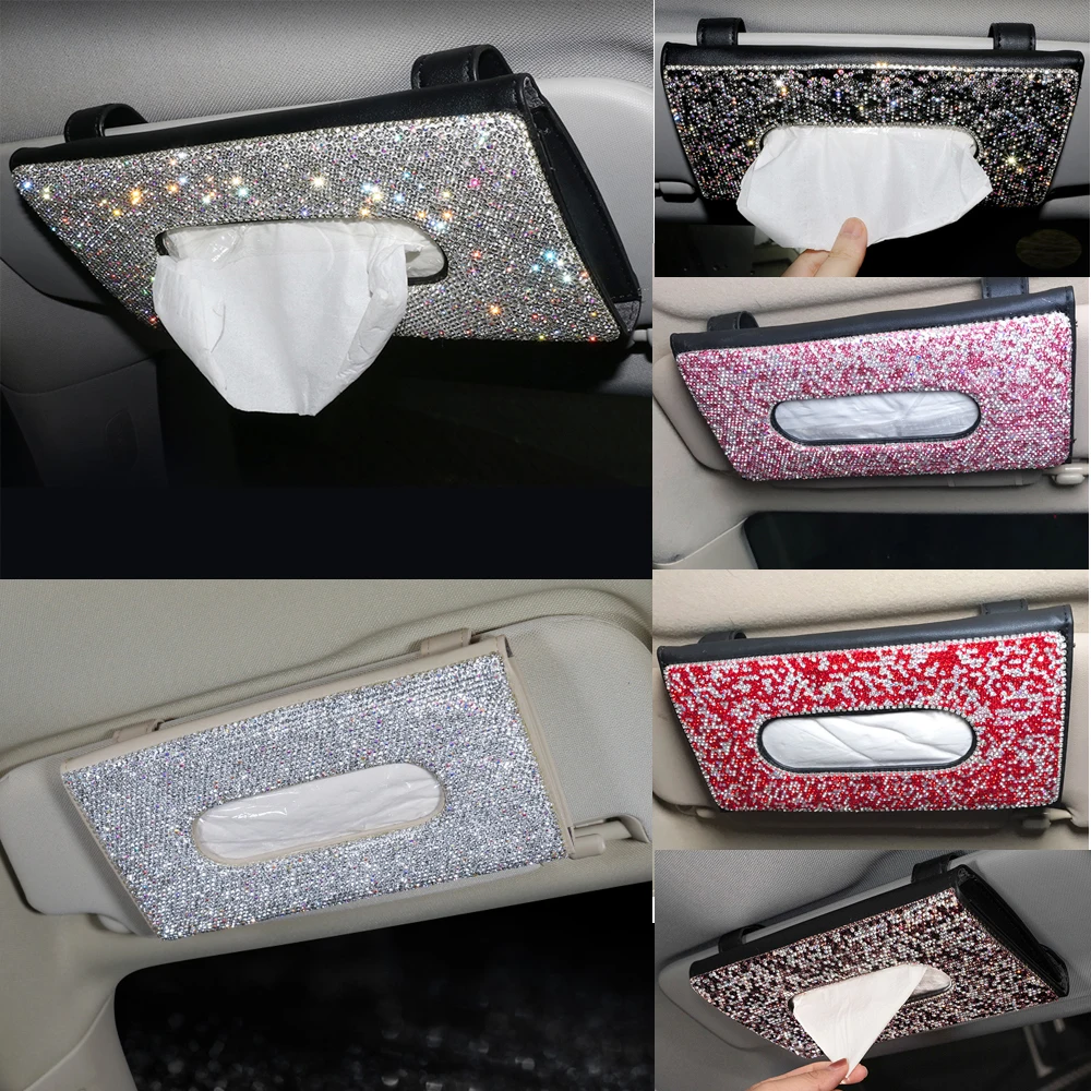 

Bling Crystal Car Tissue Box Sun Visor Diamond Leather Auto Tissue Paper Holder Case Sunvisor Hanging Napkin Car Accessories