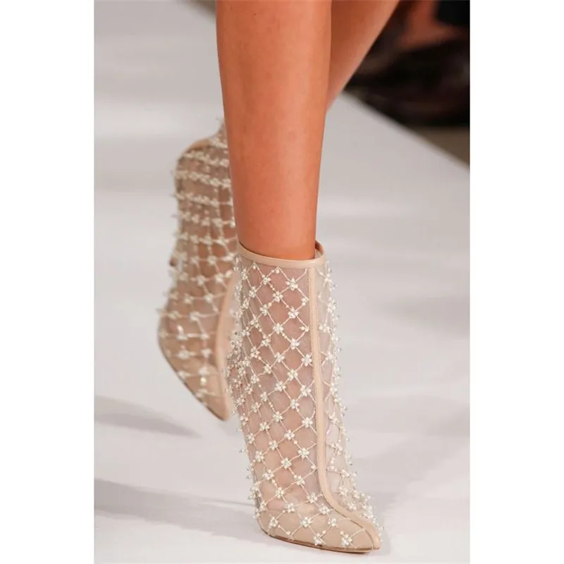 White Pearl Ankle Boots See Through Lace Mesh Pointed Toe String Bead Stiletto Heel Dress Shoes Fashion Zipper Party Runway Boot