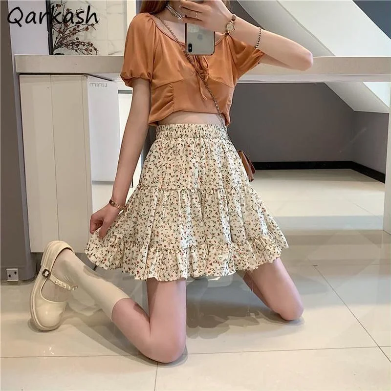 

Skirts Women Lovely Ruffles Maiden Floral Sweet Prairie Chic Above Knee Girls Simple Leisure Elastic Waist Ulzzang New Ladies