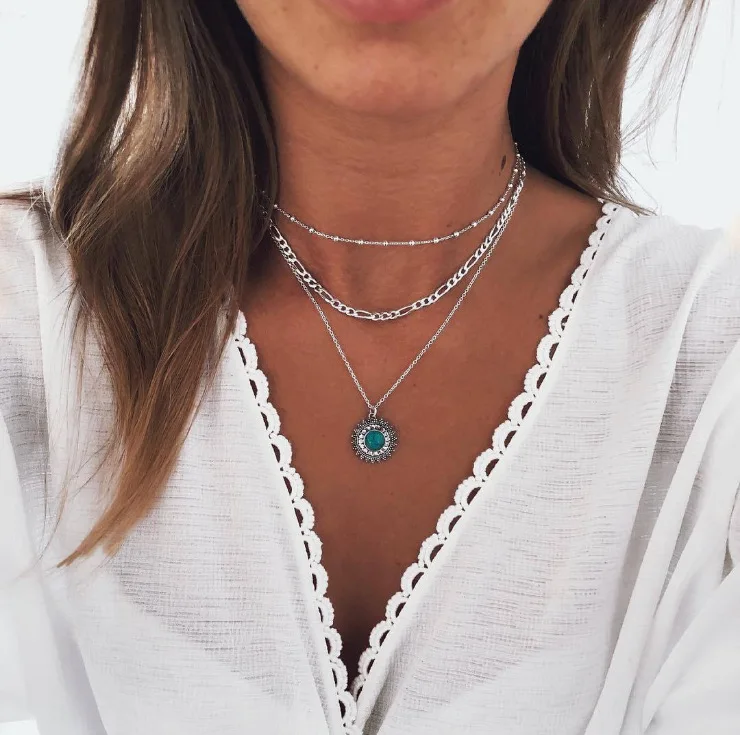 Tenande Vintage Mehrschichtige Party-Schmuckketten mit Blättern, Sternen, Hamsa-Hand und Mond für Damen - Trendige Bijouterie – Detail 10