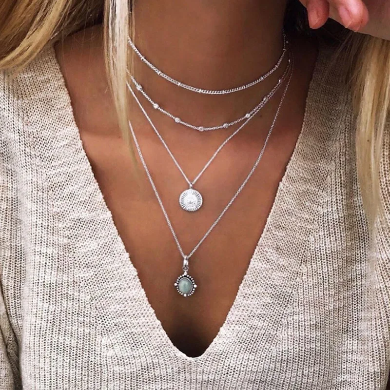 Tenande Vintage Mehrschichtige Party-Schmuckketten mit Blättern, Sternen, Hamsa-Hand und Mond für Damen - Trendige Bijouterie – Detail 23